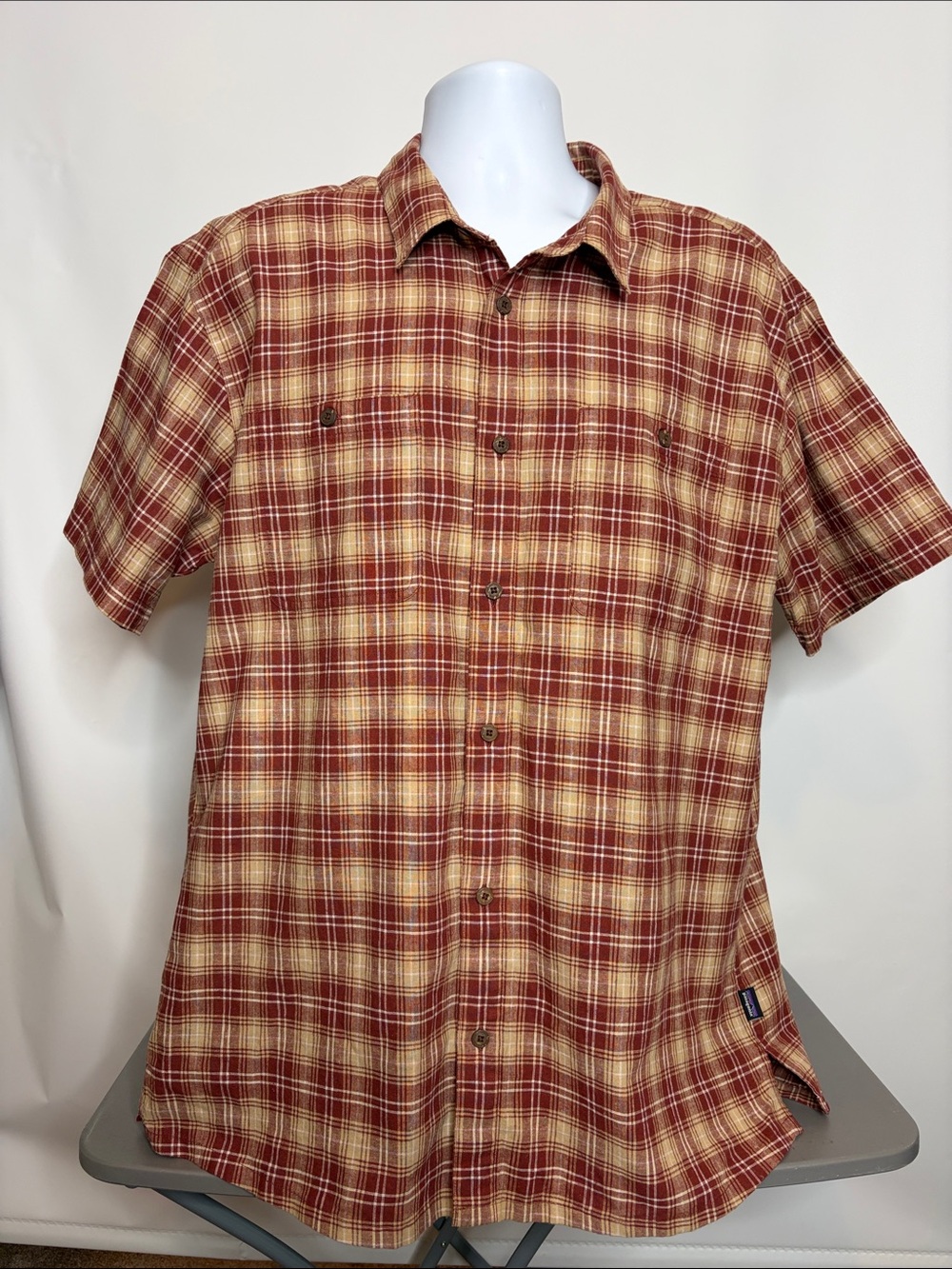 Patagonia Short-Sleeve Plaid Button-Down Shirt - Red and Tan